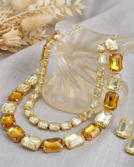 Yellow Emerald Cut Crystal 2 Row Necklace Set