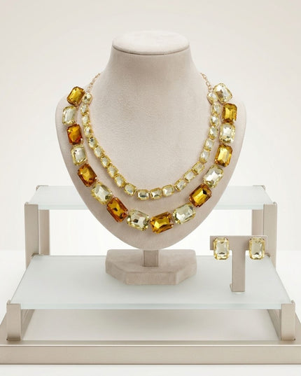 Yellow Emerald Cut Crystal 2 Row Necklace Set