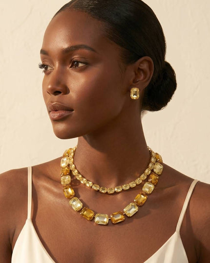 Yellow Emerald Cut Crystal 2 Row Necklace Set
