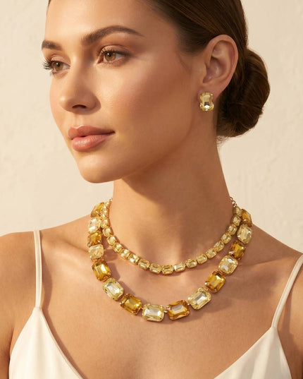 Yellow Emerald Cut Crystal 2 Row Necklace Set