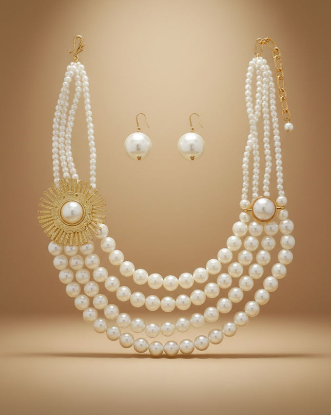 Cream Pearl Floral Detail 4 Layer Chunky Necklace