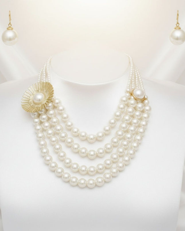 Cream Pearl Floral Detail 4 Layer Chunky Necklace