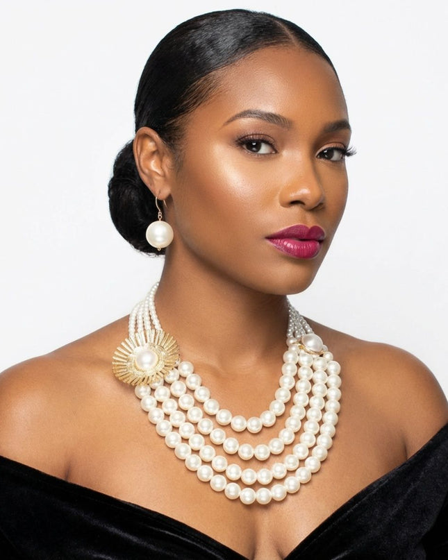 Cream Pearl Floral Detail 4 Layer Chunky Necklace