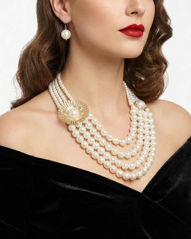 Cream Pearl Floral Detail 4 Layer Chunky Necklace