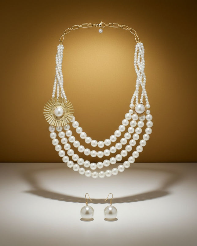 Cream Pearl Floral Detail 4 Layer Chunky Necklace