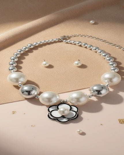 Choker Silver Ball Pearl Camellia Flower Necklace