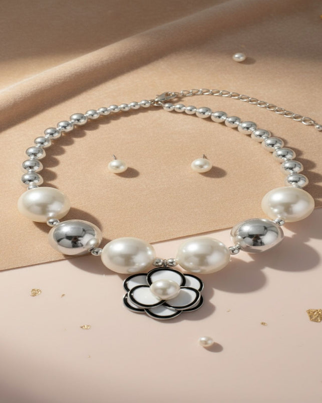 Choker Silver Ball Pearl Camellia Flower Necklace