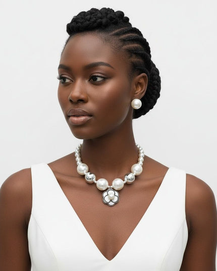 Choker Silver Ball Pearl Camellia Flower Necklace