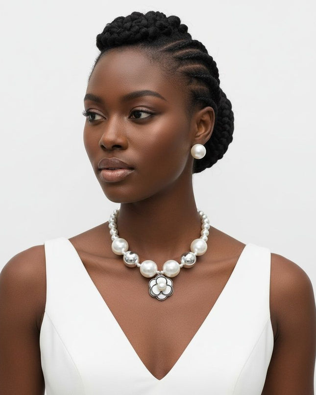 Choker Silver Ball Pearl Camellia Flower Necklace