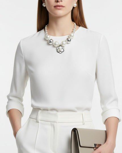 Choker Silver Ball Pearl Camellia Flower Necklace