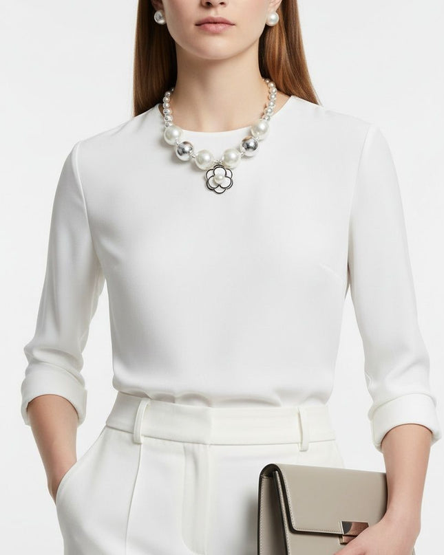 Choker Silver Ball Pearl Camellia Flower Necklace