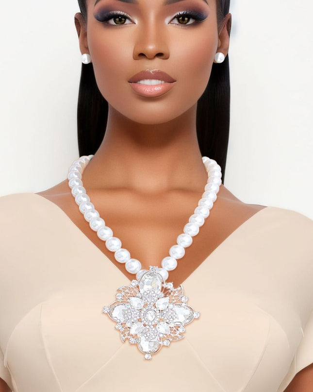 Pearl Necklace White Crystal Pendant Set for Women