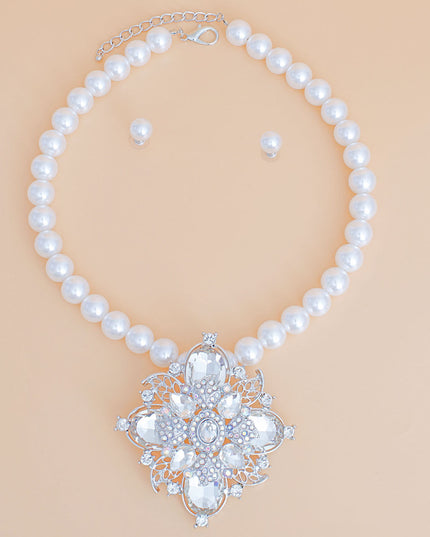 Pearl Necklace White Crystal Pendant Set for Women