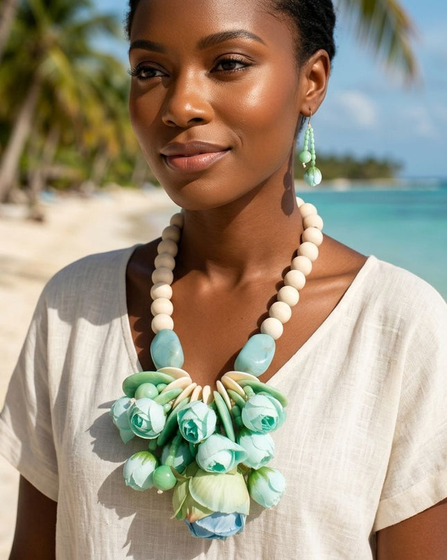 Mint Green Floral Garden Statement Bib Necklace