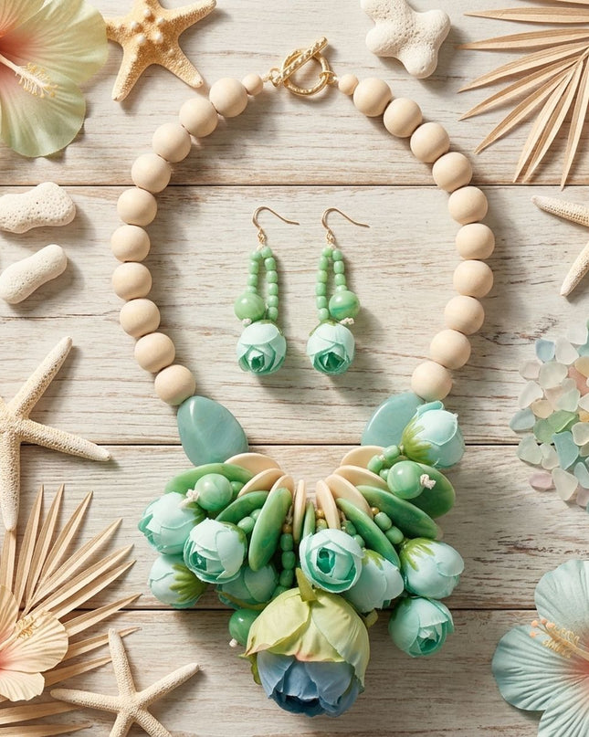 Mint Green Floral Garden Statement Bib Necklace