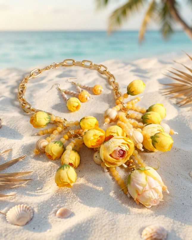 Yellow Floral Garden Fringe Statement Necklace