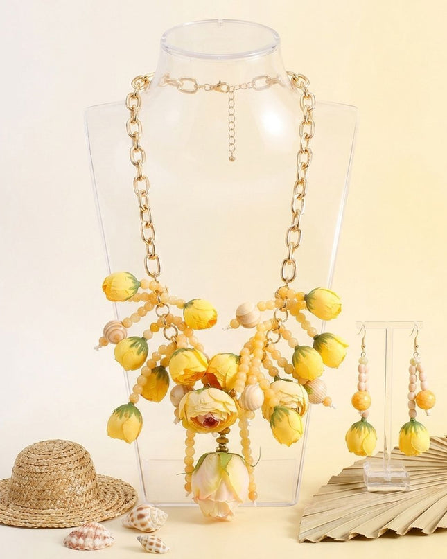 Yellow Floral Garden Fringe Statement Necklace