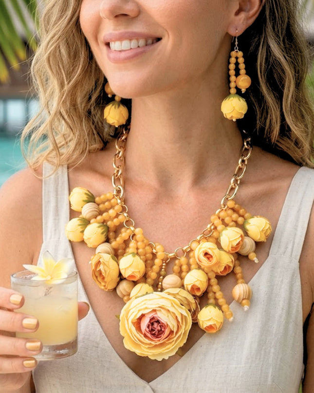 Yellow Floral Garden Fringe Statement Necklace