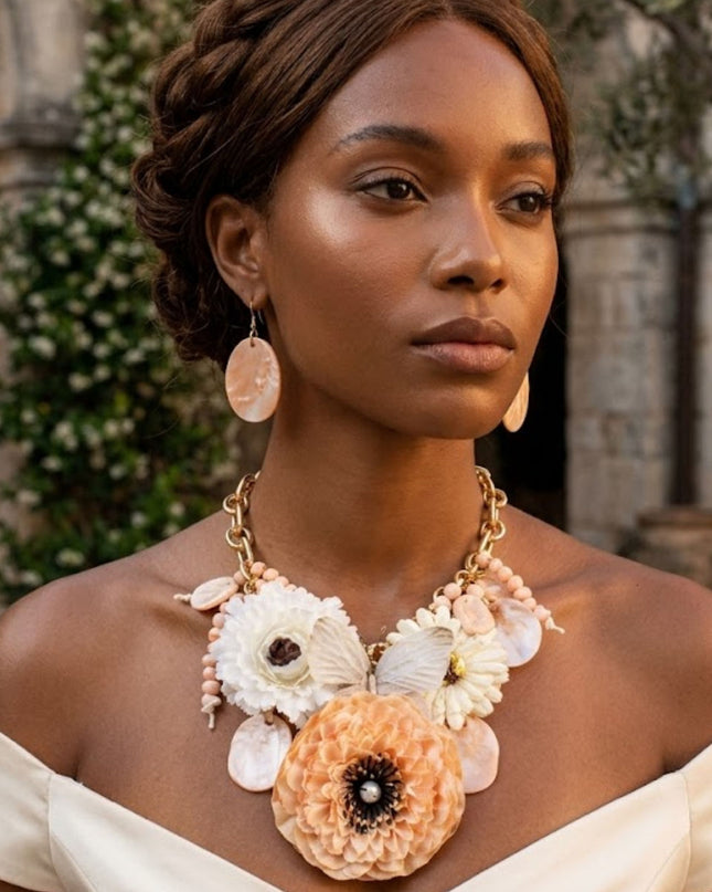 Chunky Faux Ivory Flower Butterfly Bib Necklace