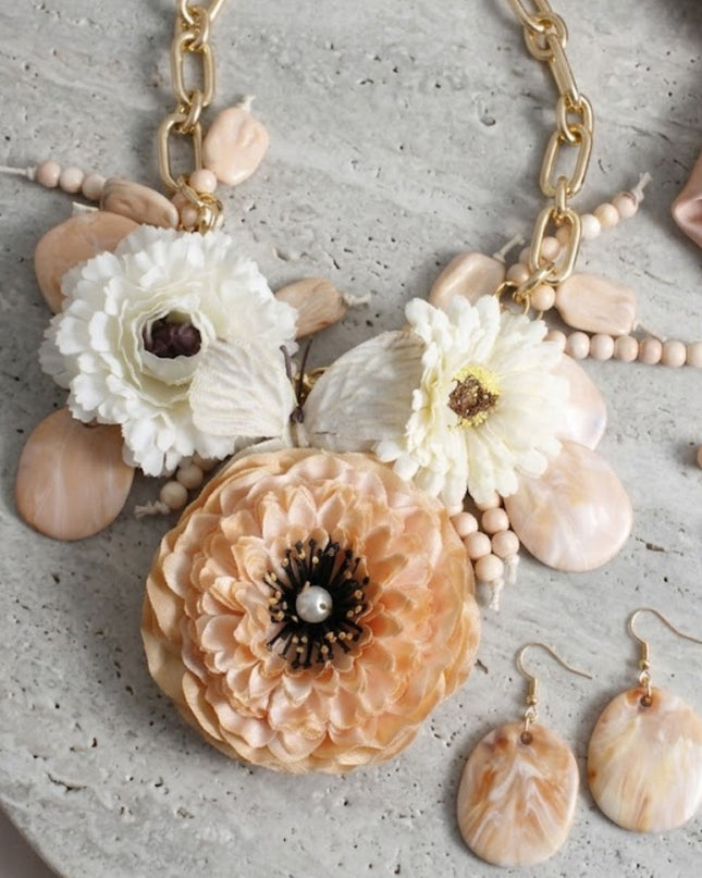Chunky Faux Ivory Flower Butterfly Bib Necklace