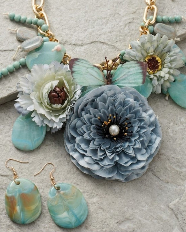 Chunky Faux Turquoise Flower Butterfly Bib Necklace