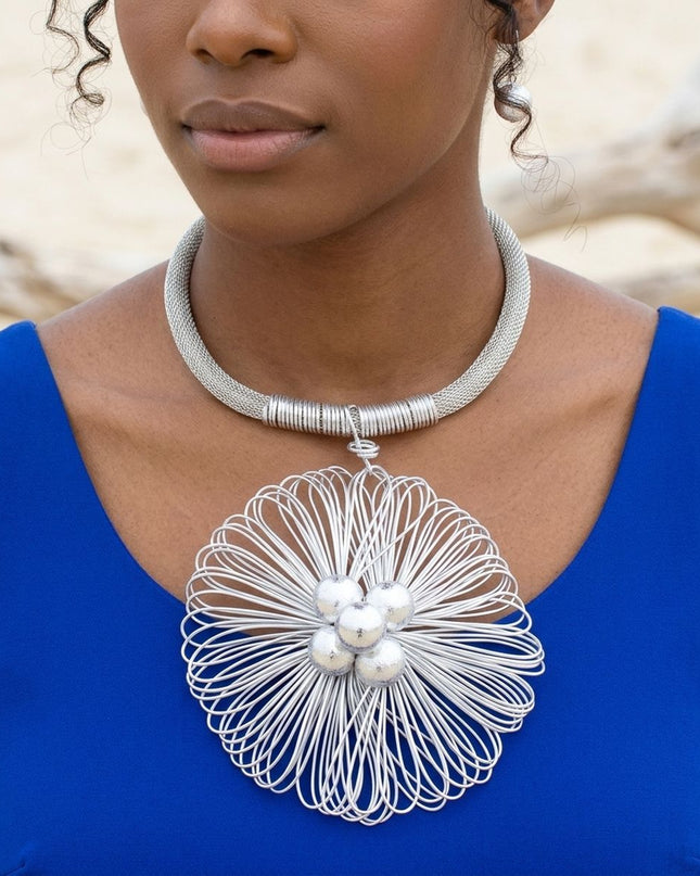 Silver Mesh Large Flower Wire Pendant Necklace