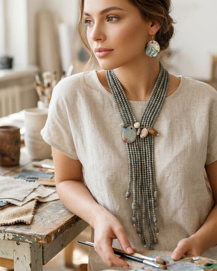 Marbled Gray and Stone Bead Tassel Y Necklace