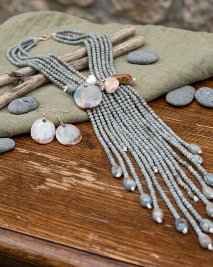 Marbled Gray and Stone Bead Tassel Y Necklace