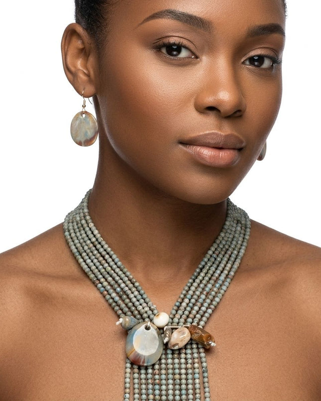 Marbled Gray and Stone Bead Tassel Y Necklace