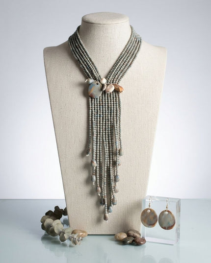 Marbled Gray and Stone Bead Tassel Y Necklace