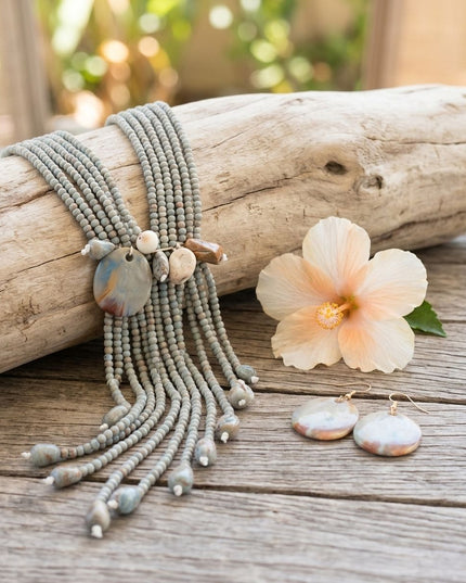 Marbled Gray and Stone Bead Tassel Y Necklace