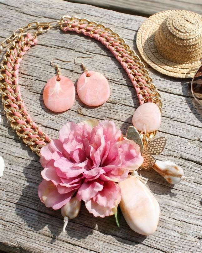 Pink Flower Butterfly Double Chain Collar Necklace