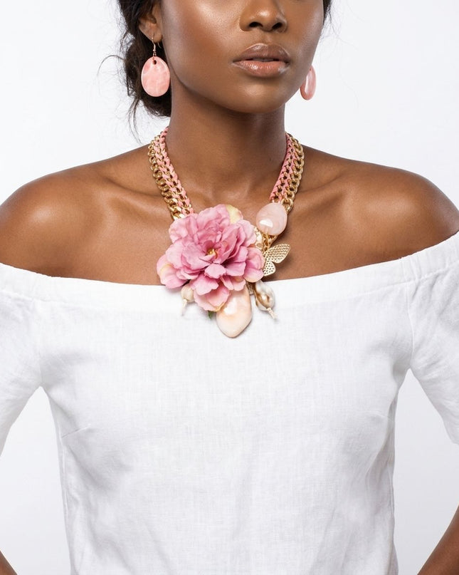 Pink Flower Butterfly Double Chain Collar Necklace