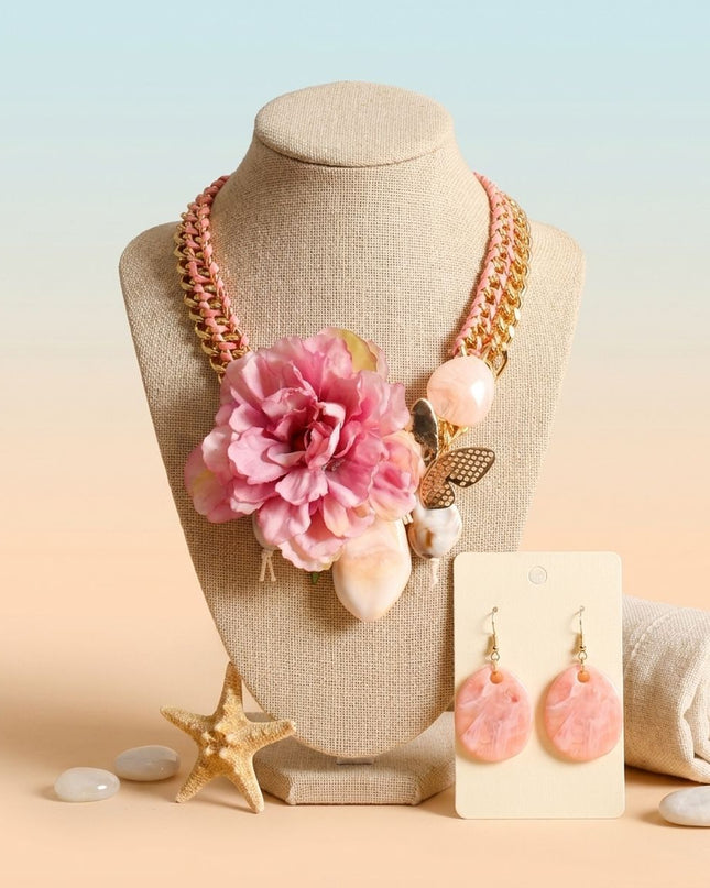 Pink Flower Butterfly Double Chain Collar Necklace