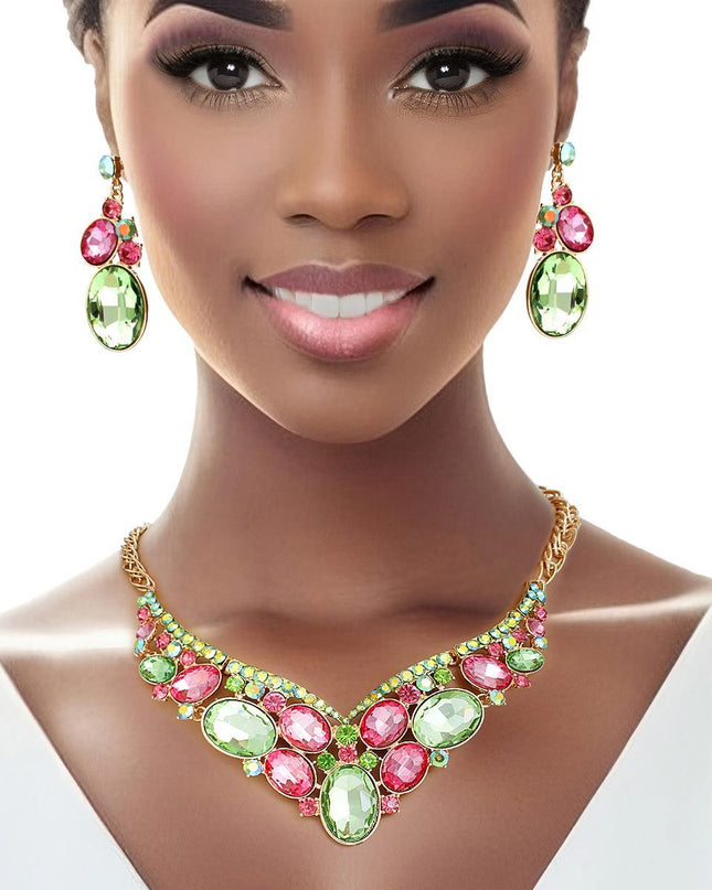 Crystal Necklace Pink Green Collar for Women