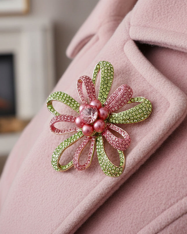 Brooch Large Pink Green Stone Loop Pearl Pin