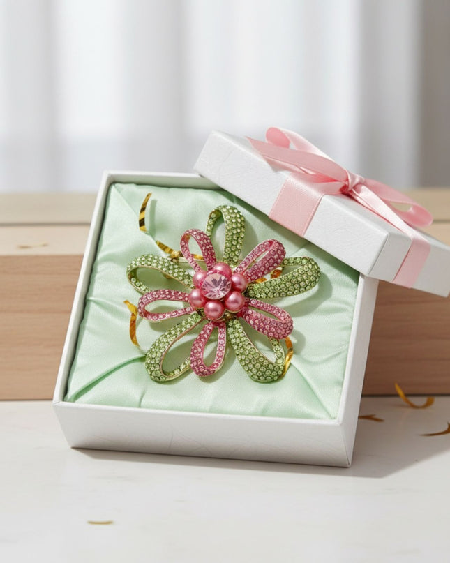Brooch Large Pink Green Stone Loop Pearl Pin