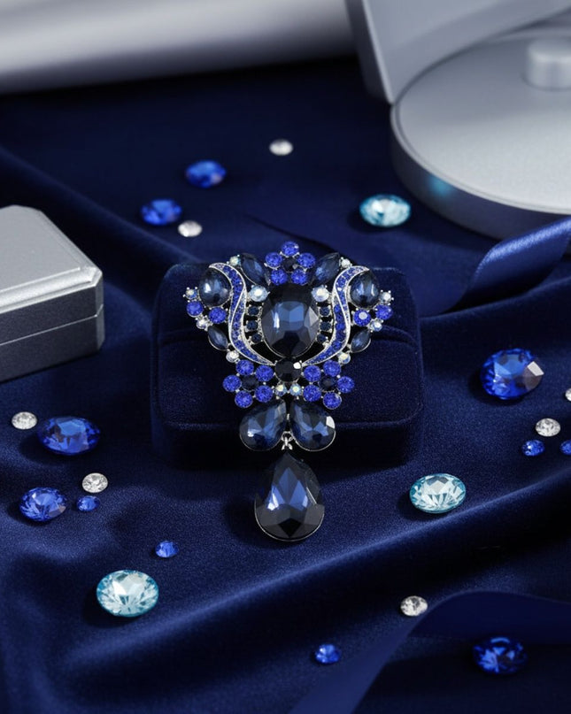 Brooch Large Blue Crystal and Rhinestone Silver Pin