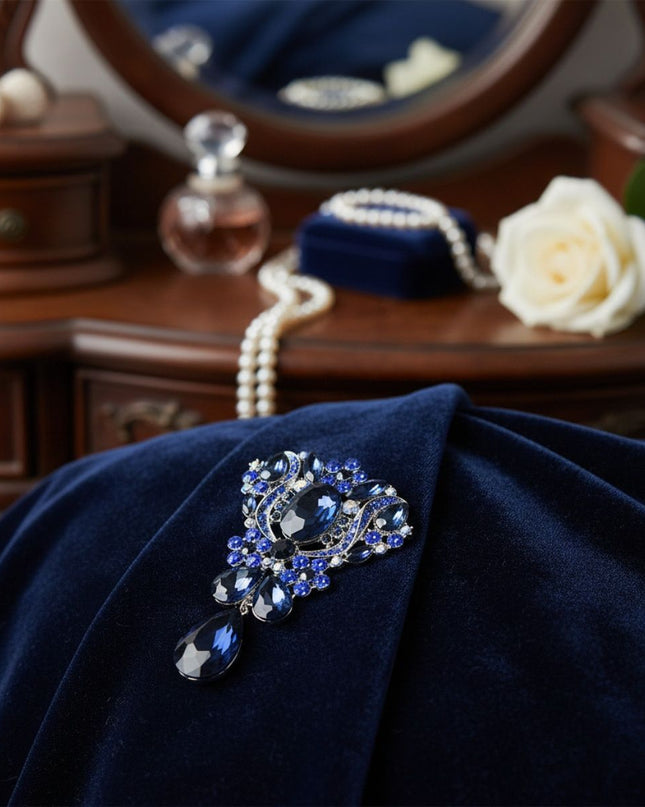 Brooch Large Blue Crystal and Rhinestone Silver Pin