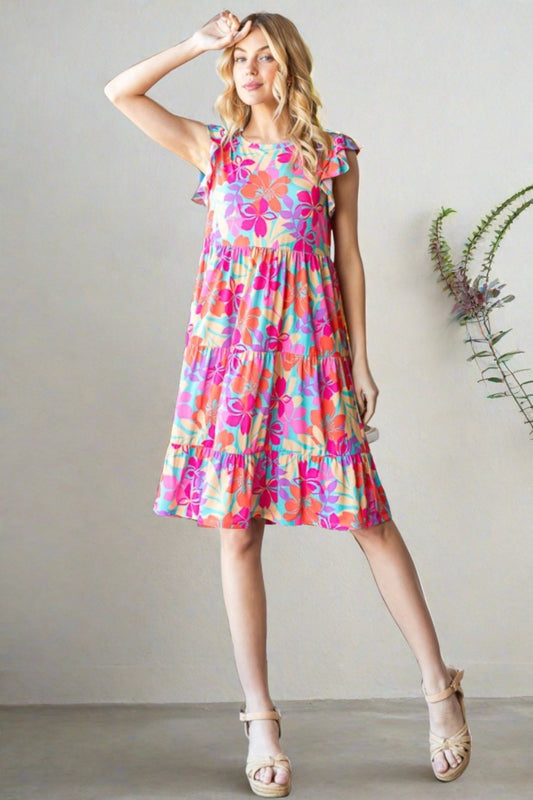 Full Size Floral Cap Sleeve Tiered Dress