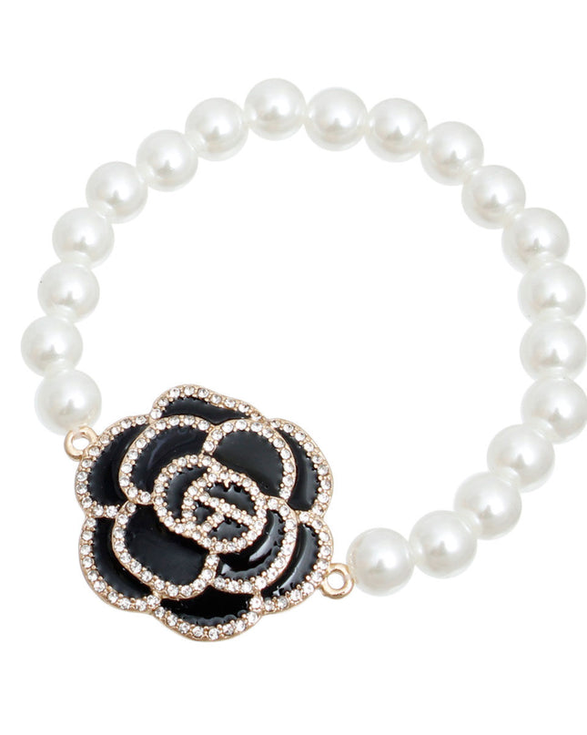 Black Coco Camellia Flower Pearl Bracelet