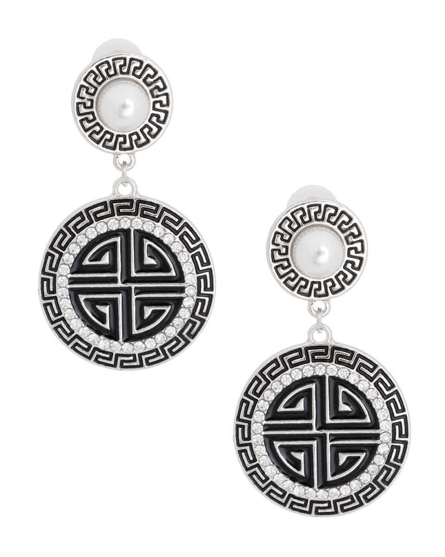 Silver Black Round Greek Key Charm Earrings