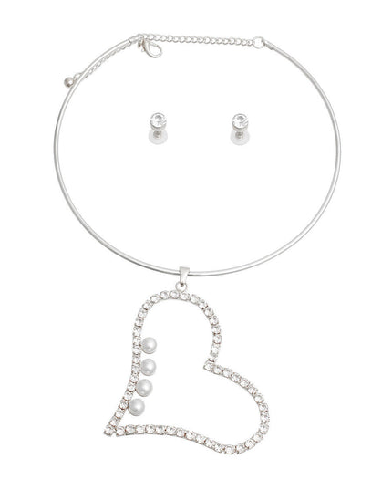 Silver Pearl Rhinestone Heart Choker