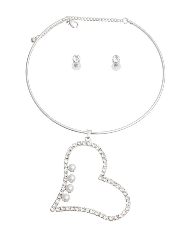 Silver Pearl Rhinestone Heart Choker