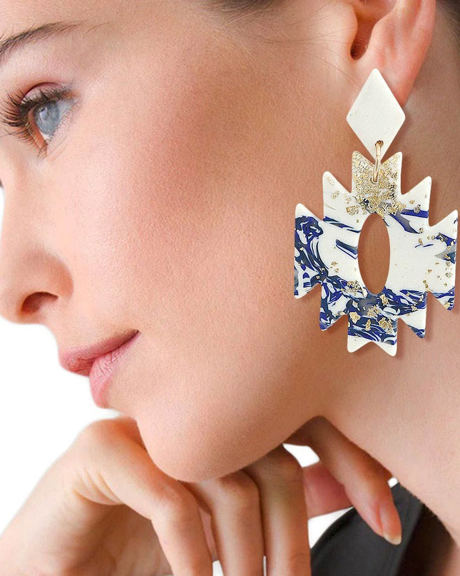 Blue and White Marbled Clay Aztec Earrings