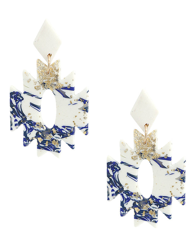 Blue and White Marbled Clay Aztec Earrings