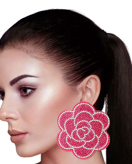 Studs Fuchsia Flower Rhinestone Fabric Earrings