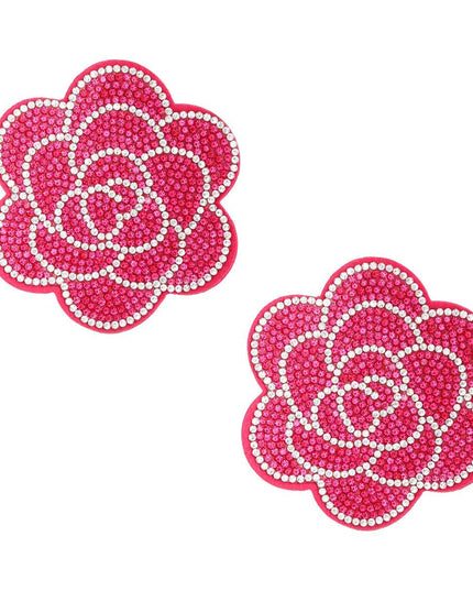 Studs Fuchsia Flower Rhinestone Fabric Earrings