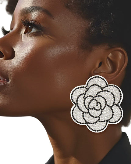Studs White Flower Rhinestone Fabric Earrings