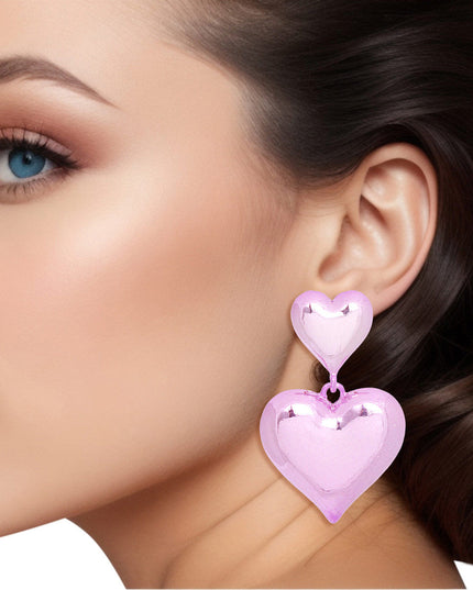 Dangle Pink Med Puffy Metal Heart Earrings Women